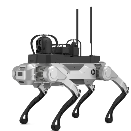应急救援现场，机器人在复杂地形中执行任务，周围有救援车辆和应急设备，体现智能化应急响应能力